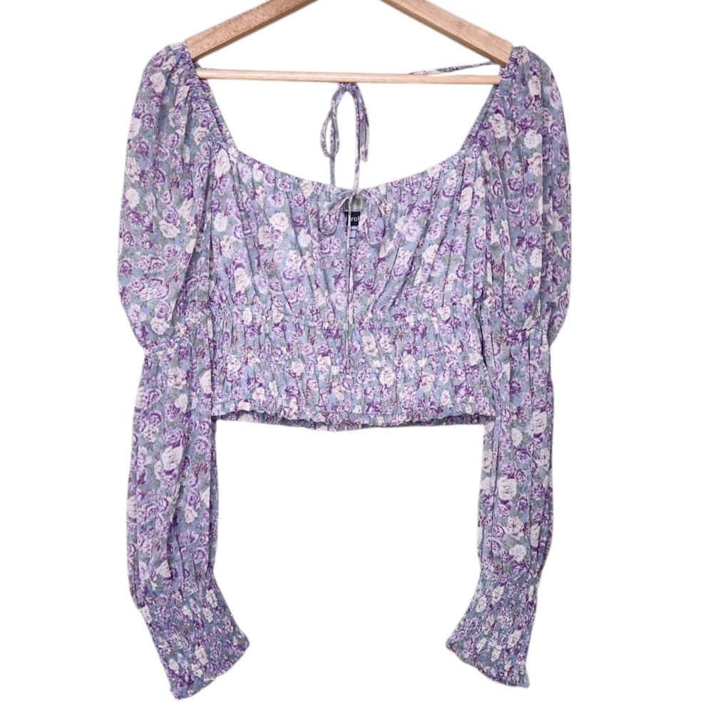 J.Roberts Fairy Floral Sheer Smocked Blouse Medium Purple Cottagecore Milkmaid